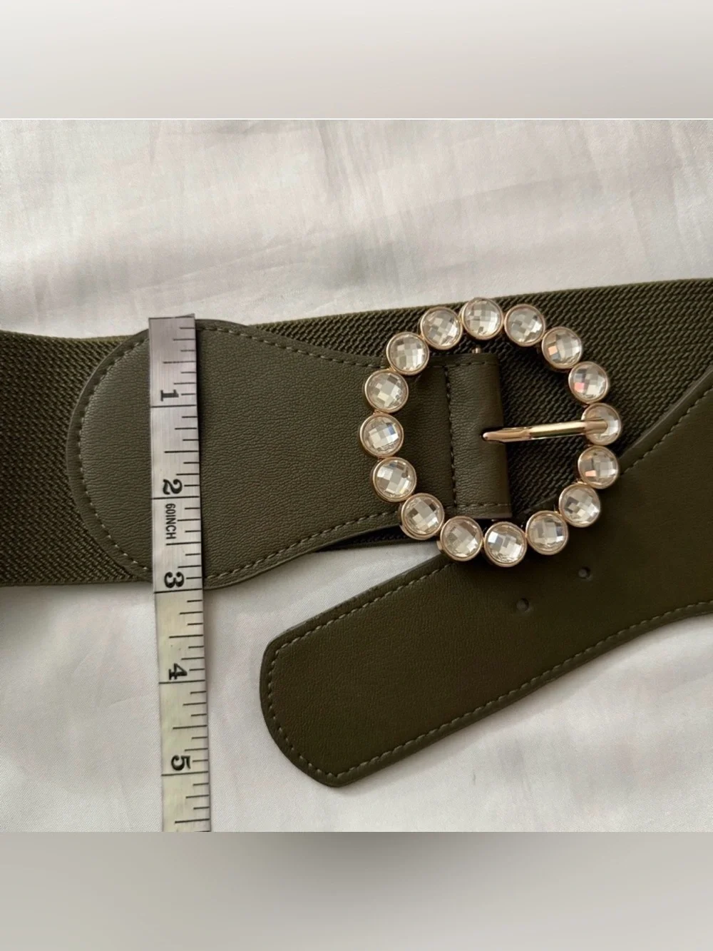 Olive green PU leather circle buckle rhinestone details elastic waistband belt